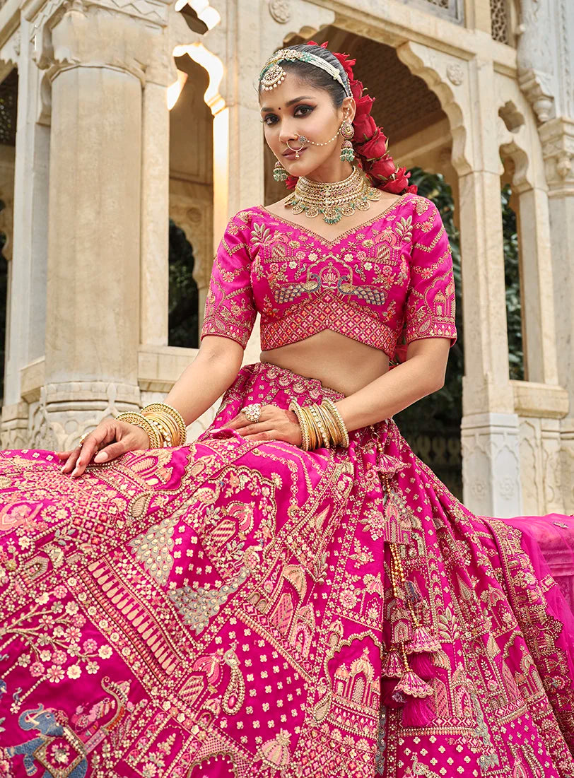 Rani Pink Silk Blend Khatli Lehenga Choli with Chevron Bands, choli close-up