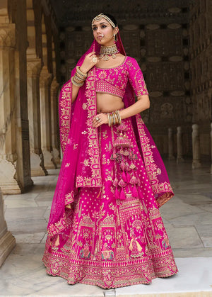 Magenta Silk Blend Khatli Lehenga Choli with Elephant Motifs