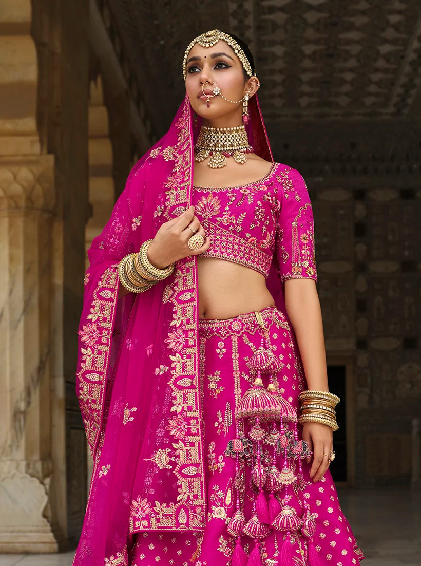 Magenta Silk Blend Khatli Lehenga Choli with Elephant Motifs, seated view