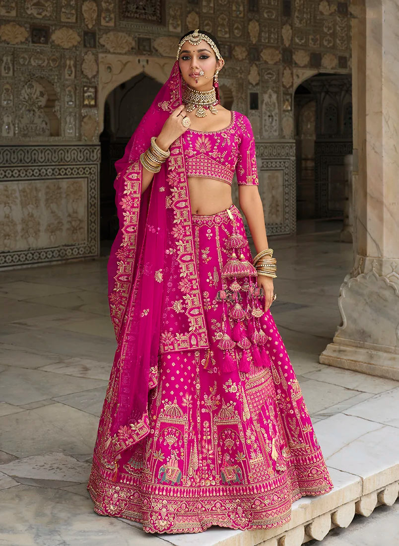 Magenta Silk Blend Khatli Lehenga Choli with Elephant Motifs, styled on model