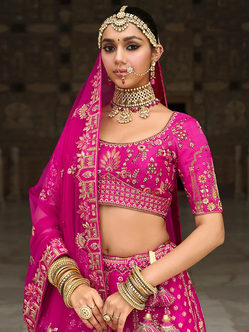 Magenta Silk Blend Khatli Lehenga Choli with Elephant Motifs, neckline close-up