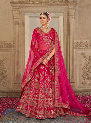 Rani Pink Silk Blend Khatli Lehenga Choli with Elephant Motifs
