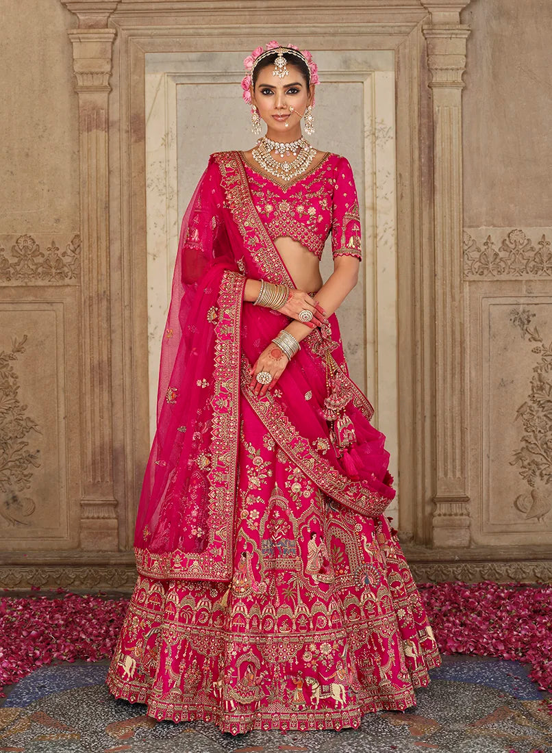 Rani Pink Silk Blend Khatli Lehenga Choli with Elephant Motifs, styled on model