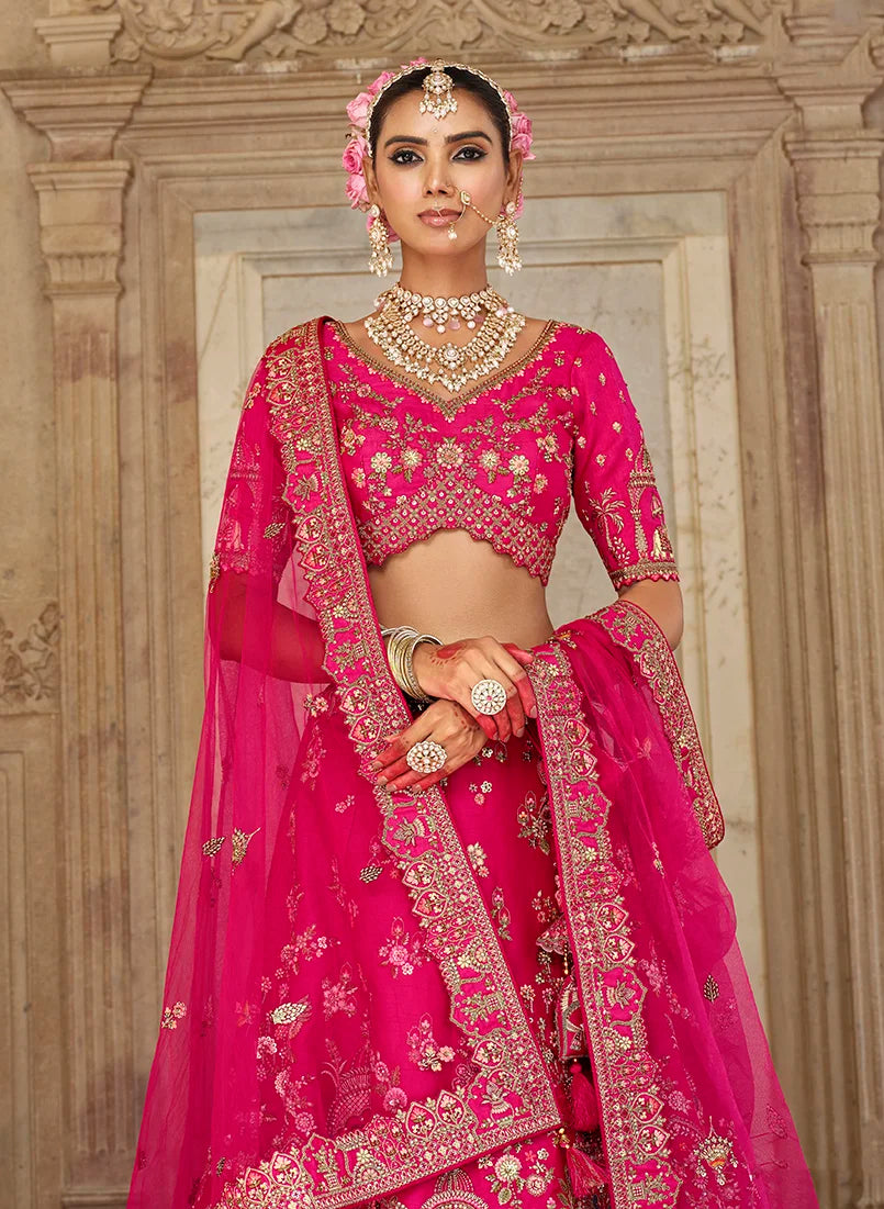 Rani Pink Silk Blend Khatli Lehenga Choli with Elephant Motifs, neckline close-up