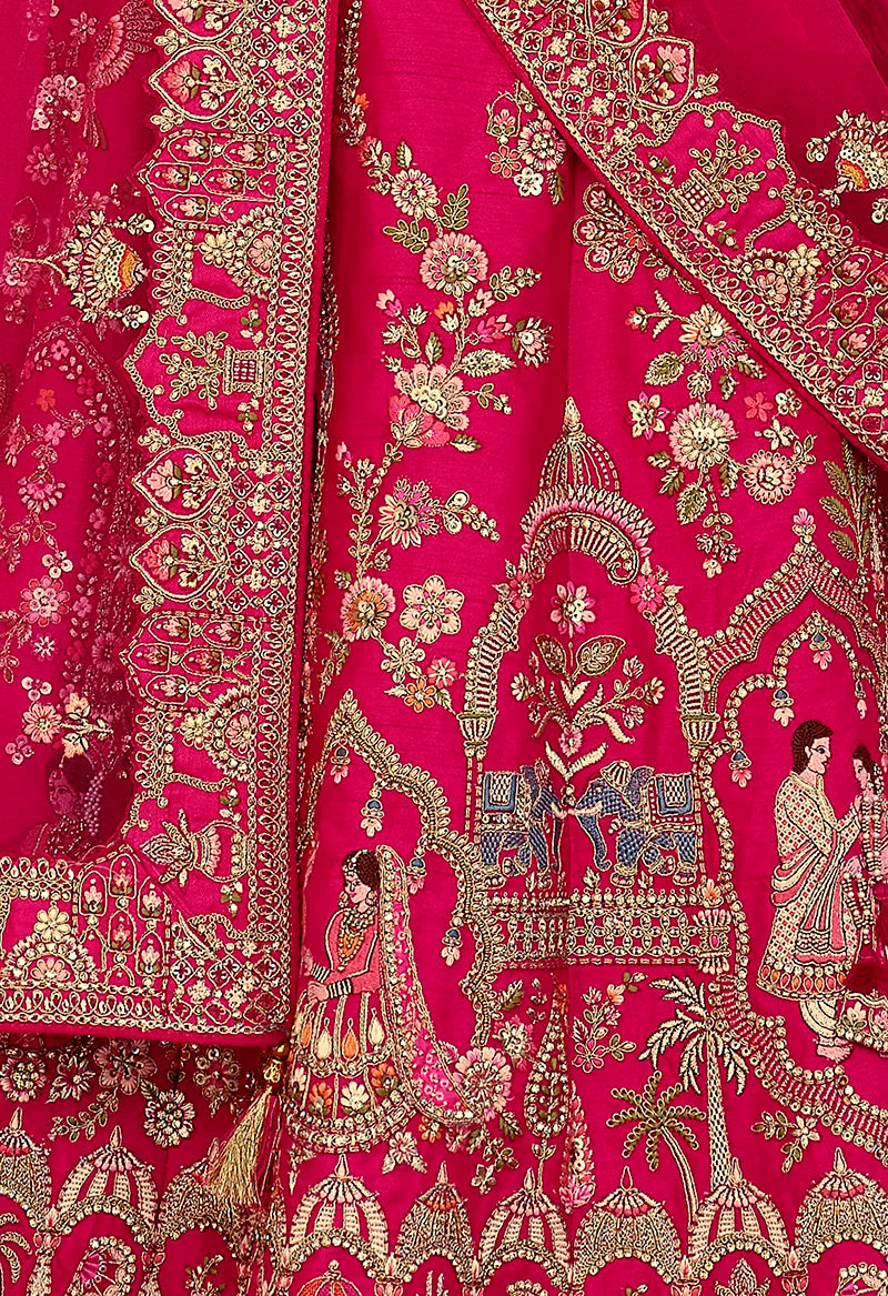 Rani Pink Silk Blend Khatli Lehenga Choli with Elephant Motifs, embroidery close-up