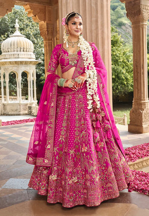 Magenta Silk Blend Khatli Lehenga Choli with Peacock Motifs