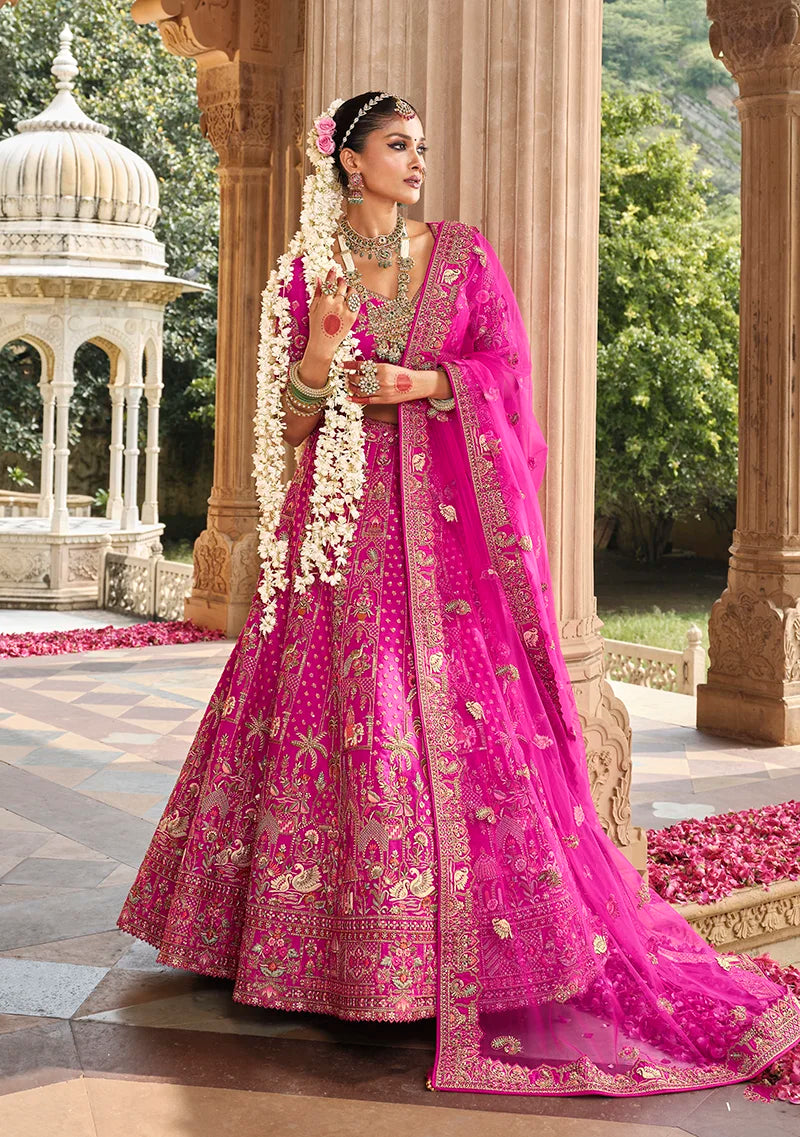 Magenta Silk Blend Khatli Lehenga Choli with Peacock Motifs, side