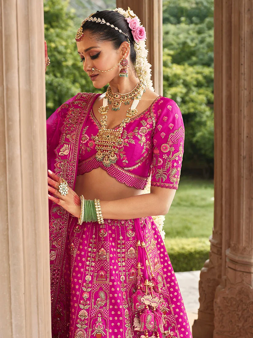 Magenta Silk Blend Khatli Lehenga Choli with Peacock Motifs, choli close-up
