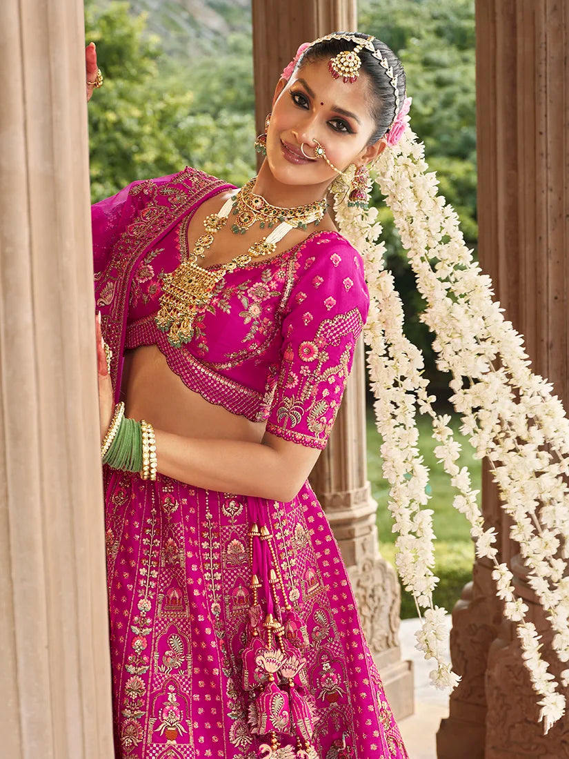 Magenta Silk Blend Khatli Lehenga Choli with Peacock Motifs, choli close-up, view 2