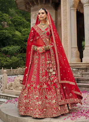 Red Silk Blend Khatli Lehenga Choli with Peacock Motifs