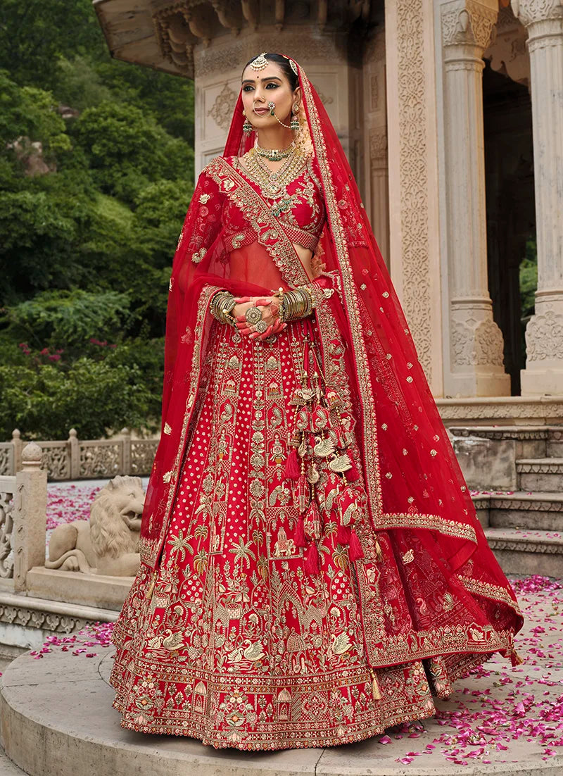 Red Silk Blend Khatli Lehenga Choli with Peacock Motifs, front