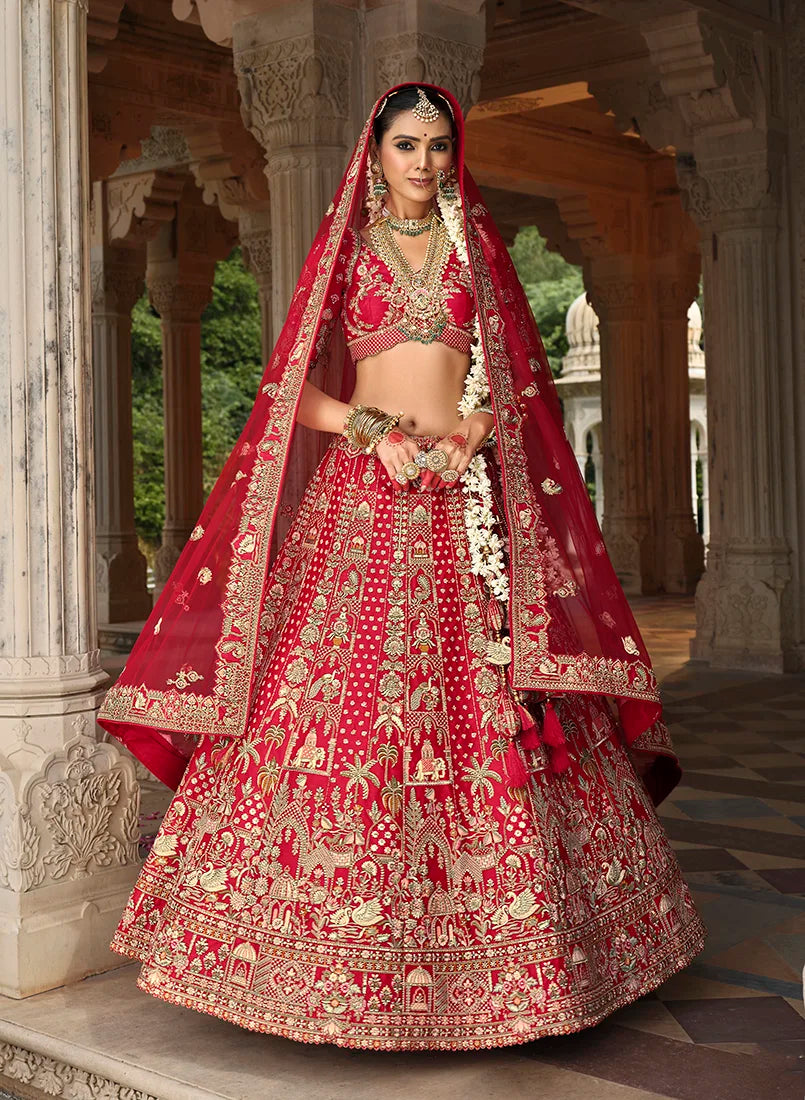 Red Silk Blend Khatli Lehenga Choli with Peacock Motifs, styled on model, view 2