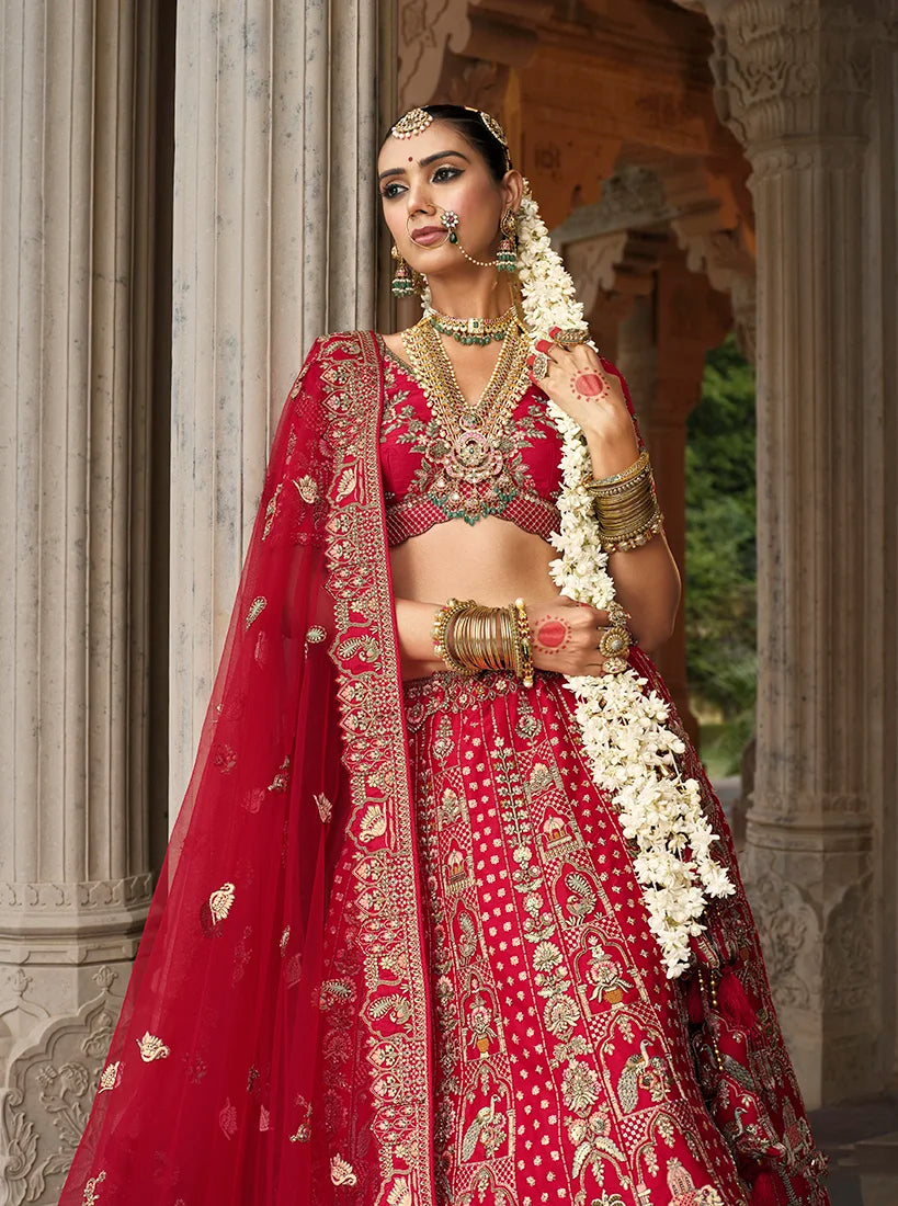 Red Silk Blend Khatli Lehenga Choli with Peacock Motifs, choli close-up