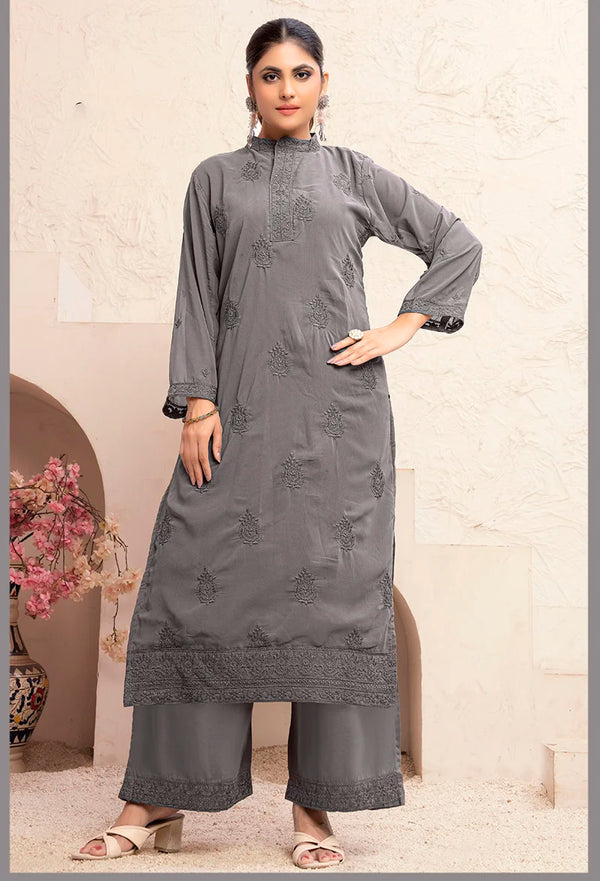 Gray Georgette Embroidered Kurti Set with Palazzo, front