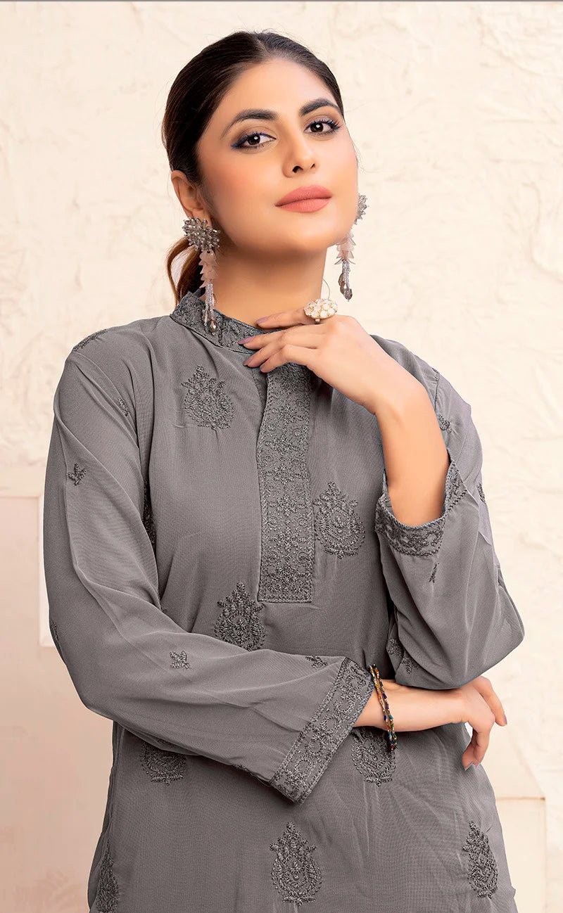 Gray Georgette Embroidered Kurti Set with Palazzo, collar and cuff detail