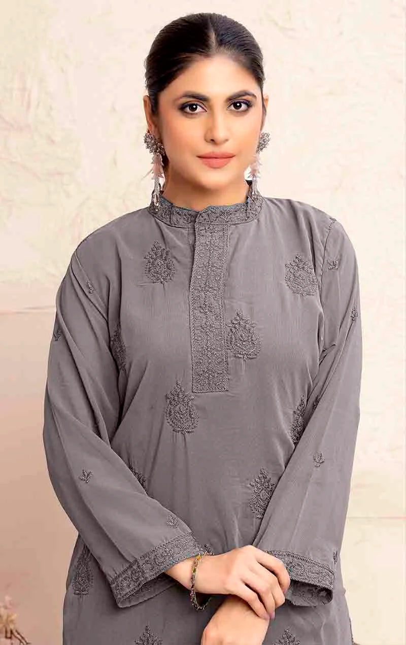 Gray Georgette Embroidered Kurti Set with Palazzo, embroidery detail