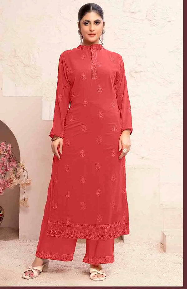 Red Georgette Embroidered Kurti Set with Palazzo, front