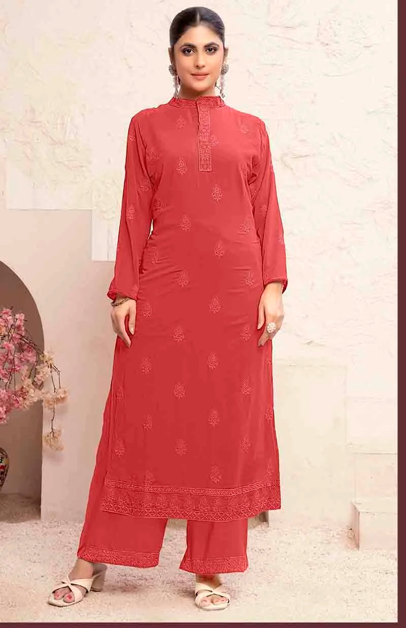 Red Georgette Embroidered Kurti Set with Palazzo, front