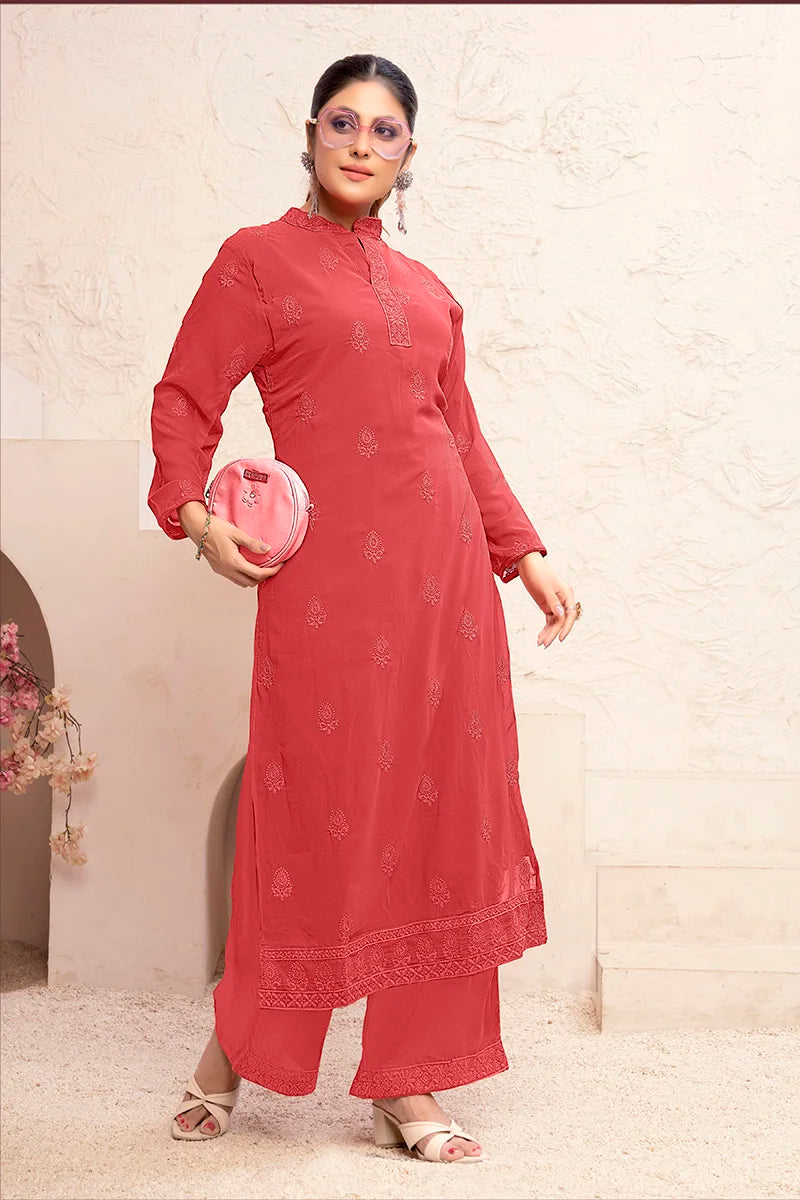 Red Georgette Embroidered Kurti Set with Palazzo, embroidery detail