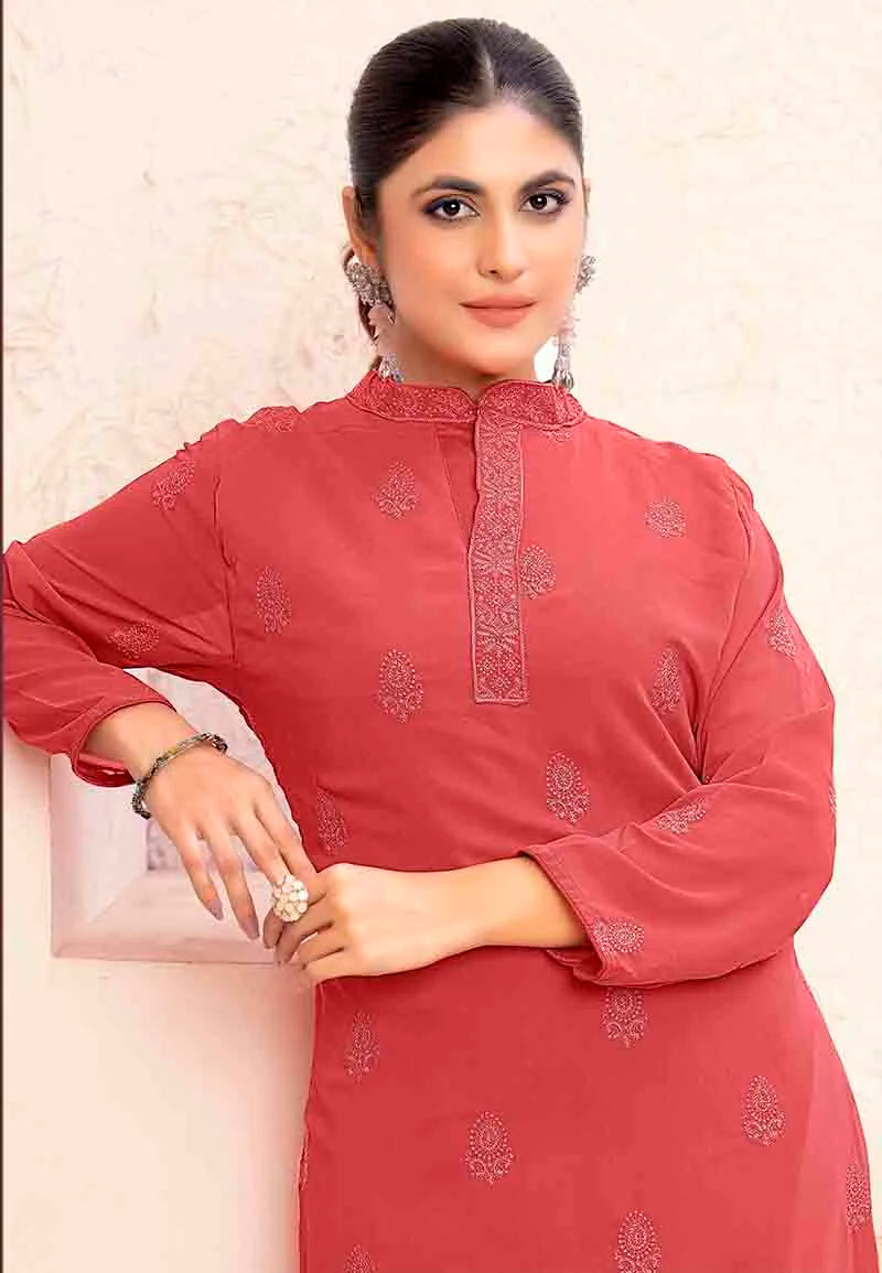 Red Georgette Embroidered Kurti Set with Palazzo, sleeve detail