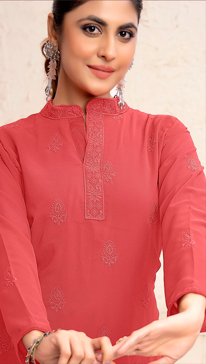 Red Georgette Embroidered Kurti Set with Palazzo, collar and placket detail