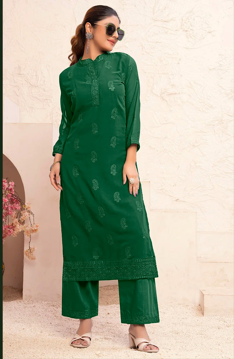 Dark Green Georgette Embroidered Kurti Set with Palazzo, front