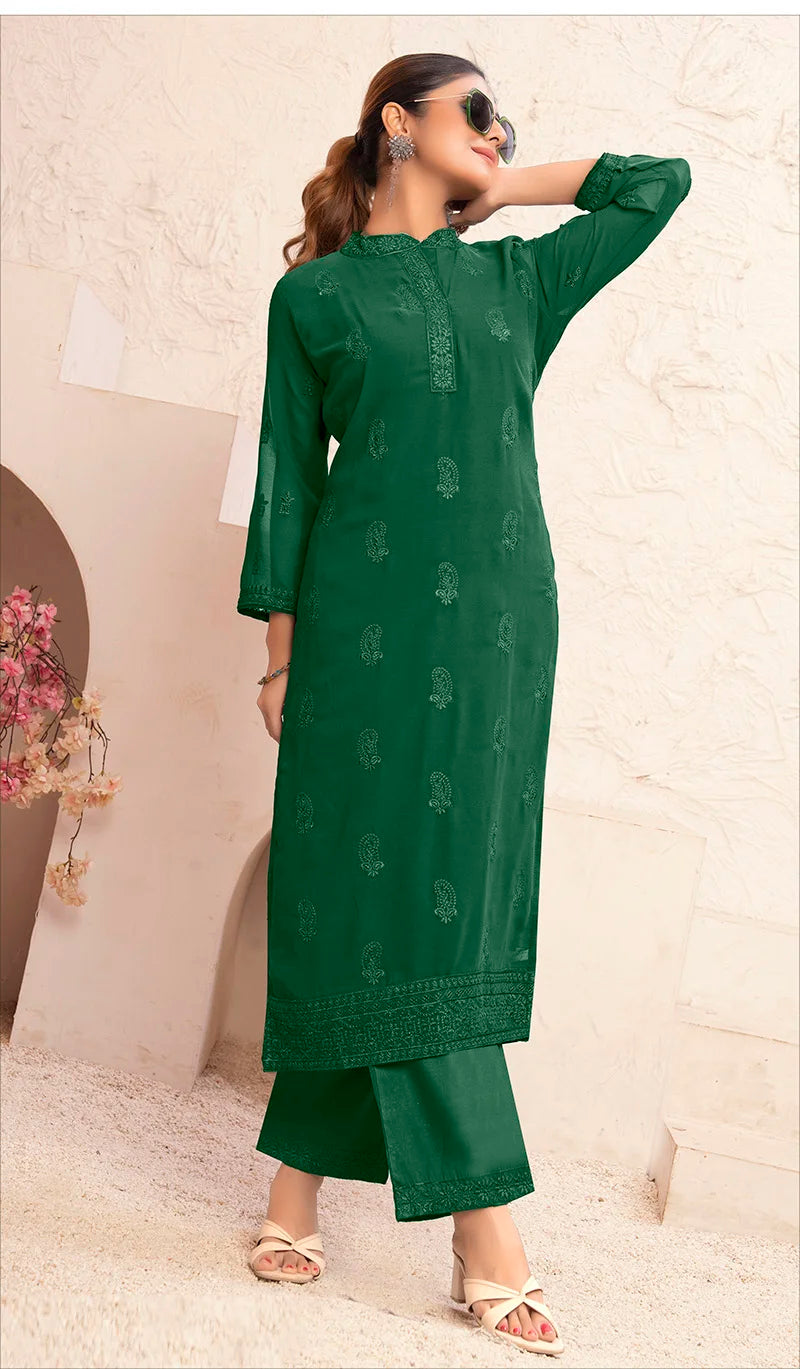 Dark Green Georgette Embroidered Kurti Set with Palazzo, back