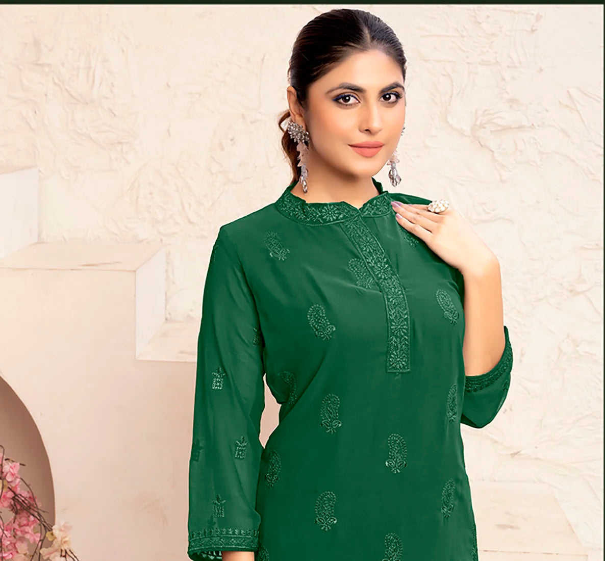 Dark Green Georgette Embroidered Kurti Set with Palazzo, placket detail