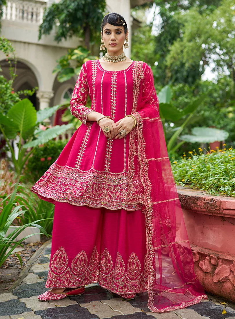 Rani Pink Chinon Anarkali with Palazzo and Mirror Work, styled on model