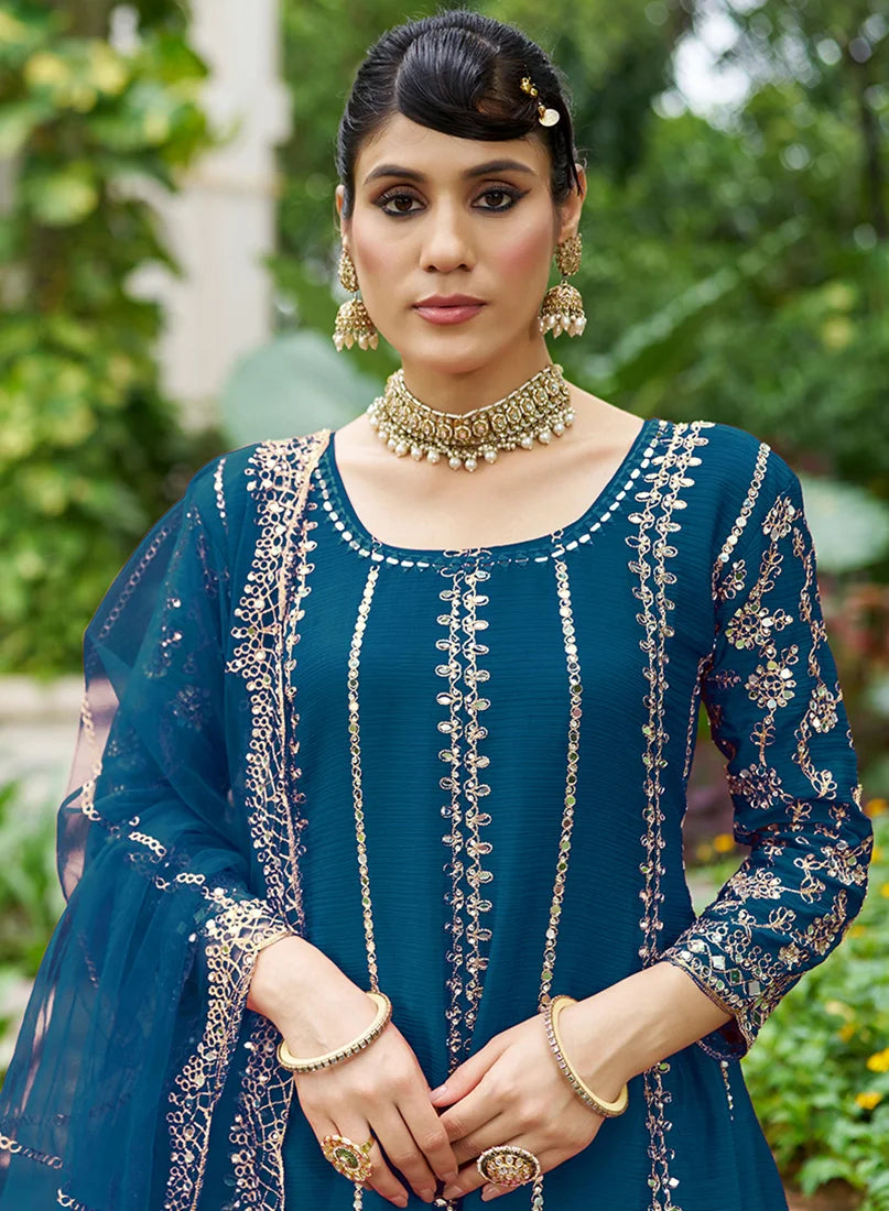 Teal Blue Chinon Anarkali with Palazzo and Mirror Work, neckline close-up
