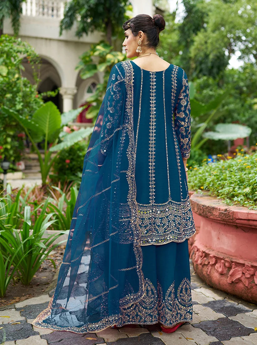Teal Blue Chinon Anarkali with Palazzo and Mirror Work, back
