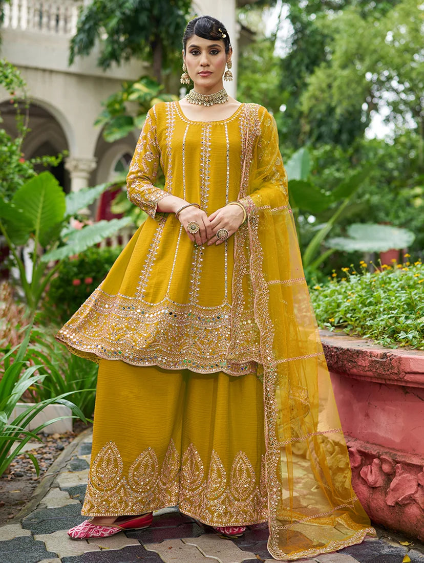 Mustard Chinon Anarkali with Palazzo and Mirror Work, styled on model