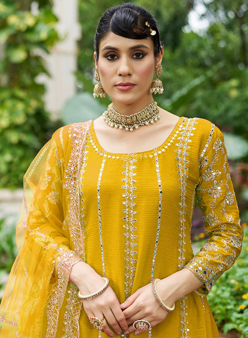 Mustard Chinon Anarkali with Palazzo and Mirror Work, neckline close-up