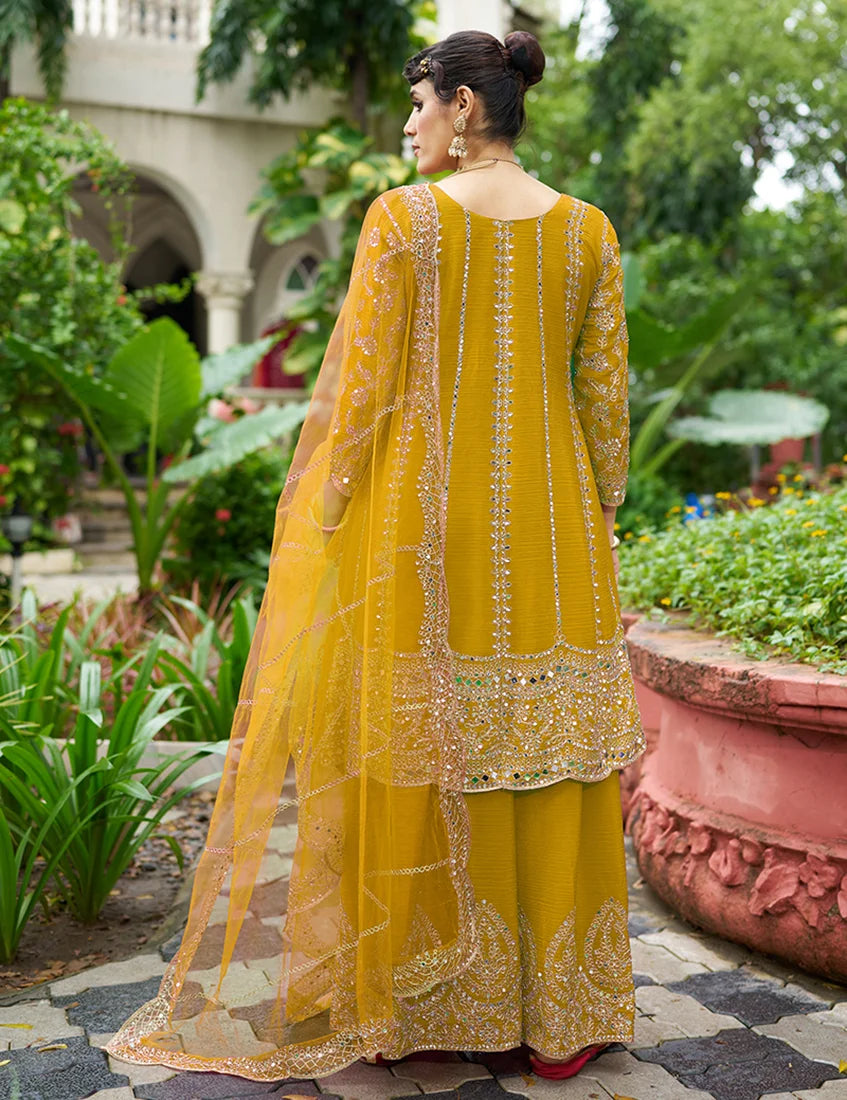 Mustard Chinon Anarkali with Palazzo and Mirror Work, back