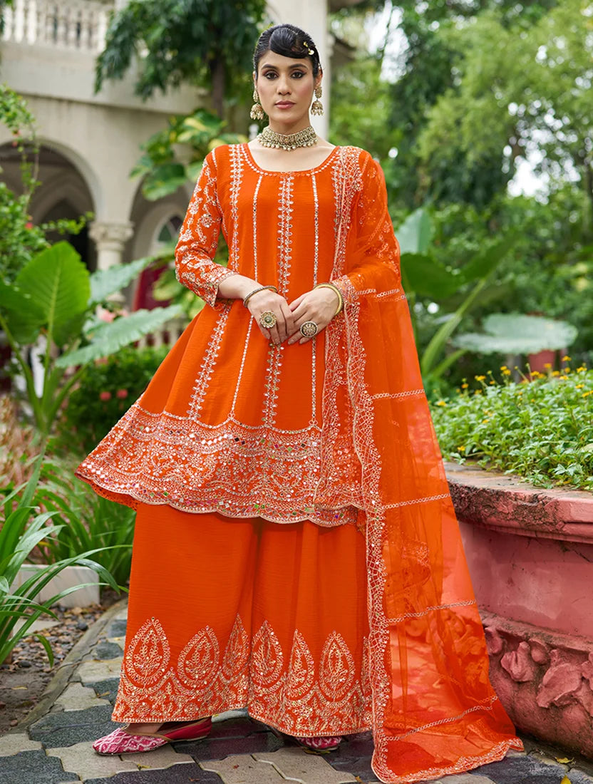 Orange Chinon Anarkali with Palazzo and Mirror Work, styled on model