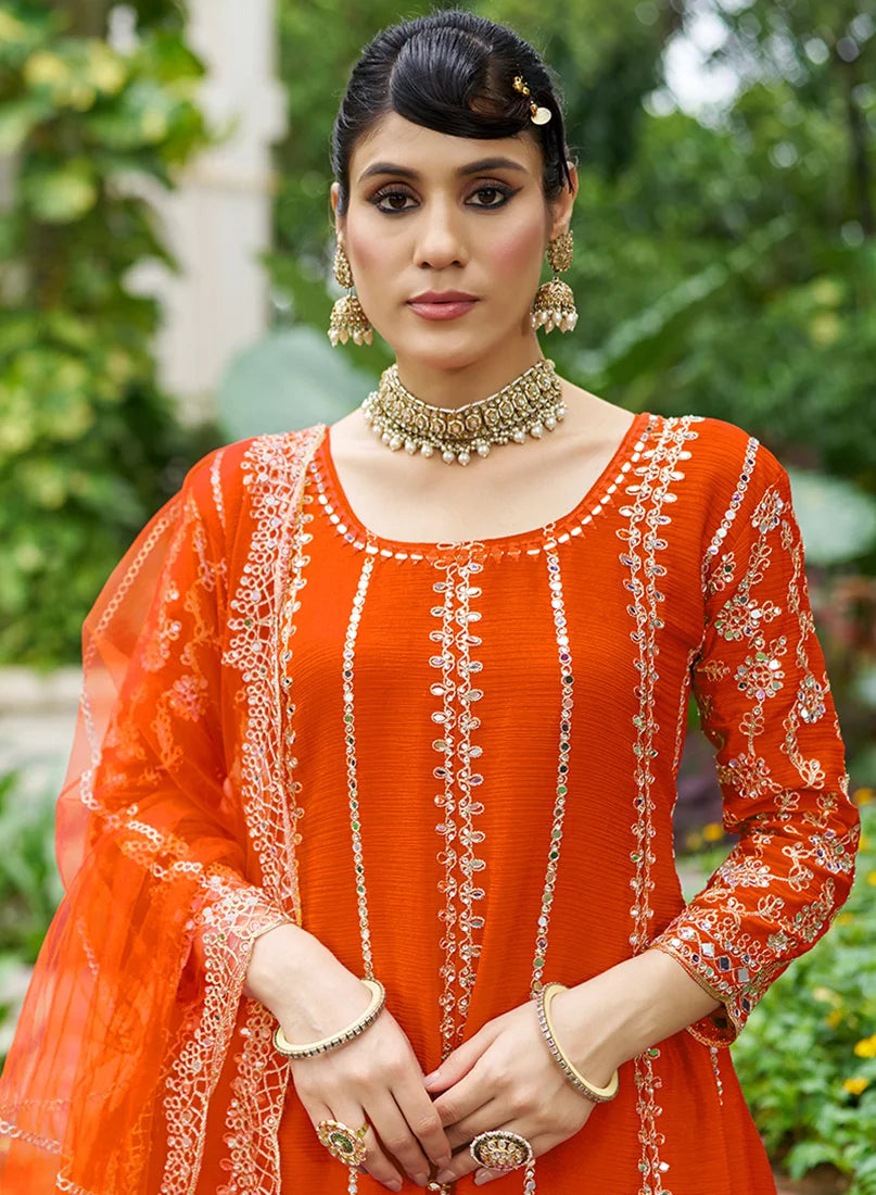Orange Chinon Anarkali with Palazzo and Mirror Work, neckline close-up