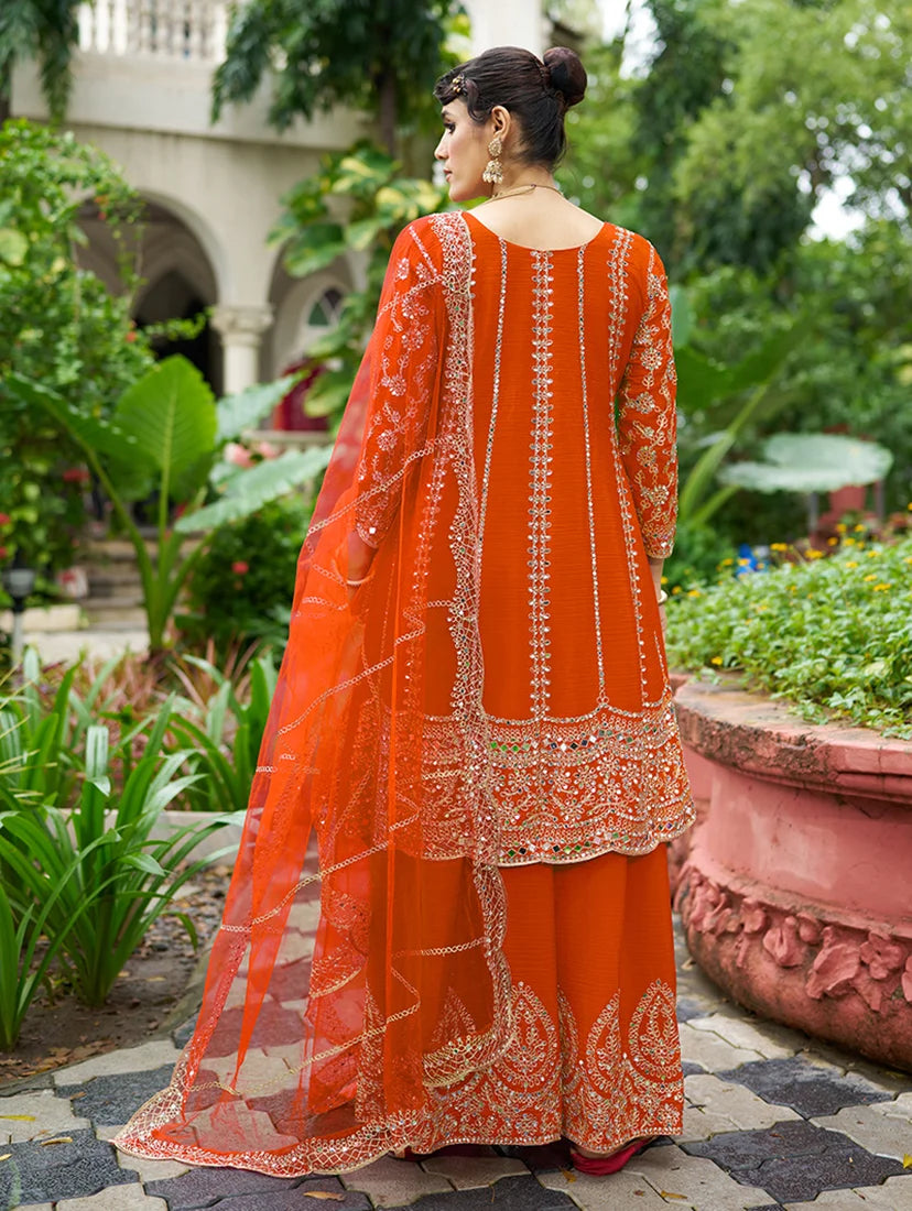 Orange Chinon Anarkali with Palazzo and Mirror Work, back