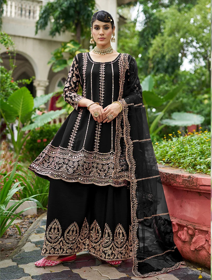 Black Chinon Anarkali with Palazzo and Mirror Work, styled on model