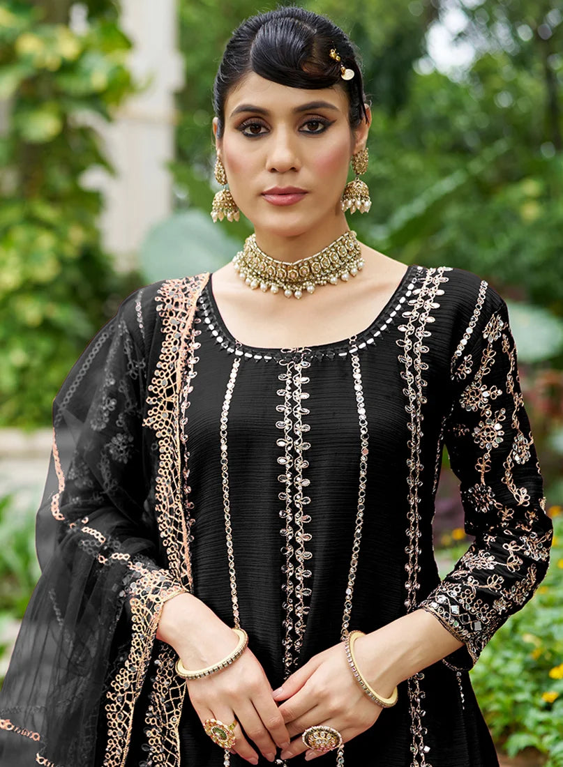 Black Chinon Anarkali with Palazzo and Mirror Work, neckline close-up