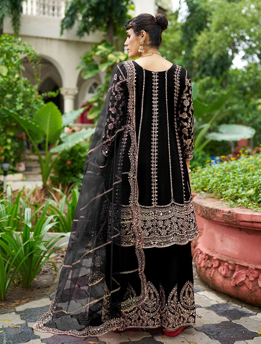 Black Chinon Anarkali with Palazzo and Mirror Work, back
