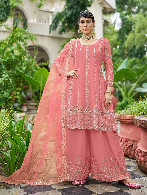 Pink Chinon Anarkali with Palazzo and Mirror Work, front