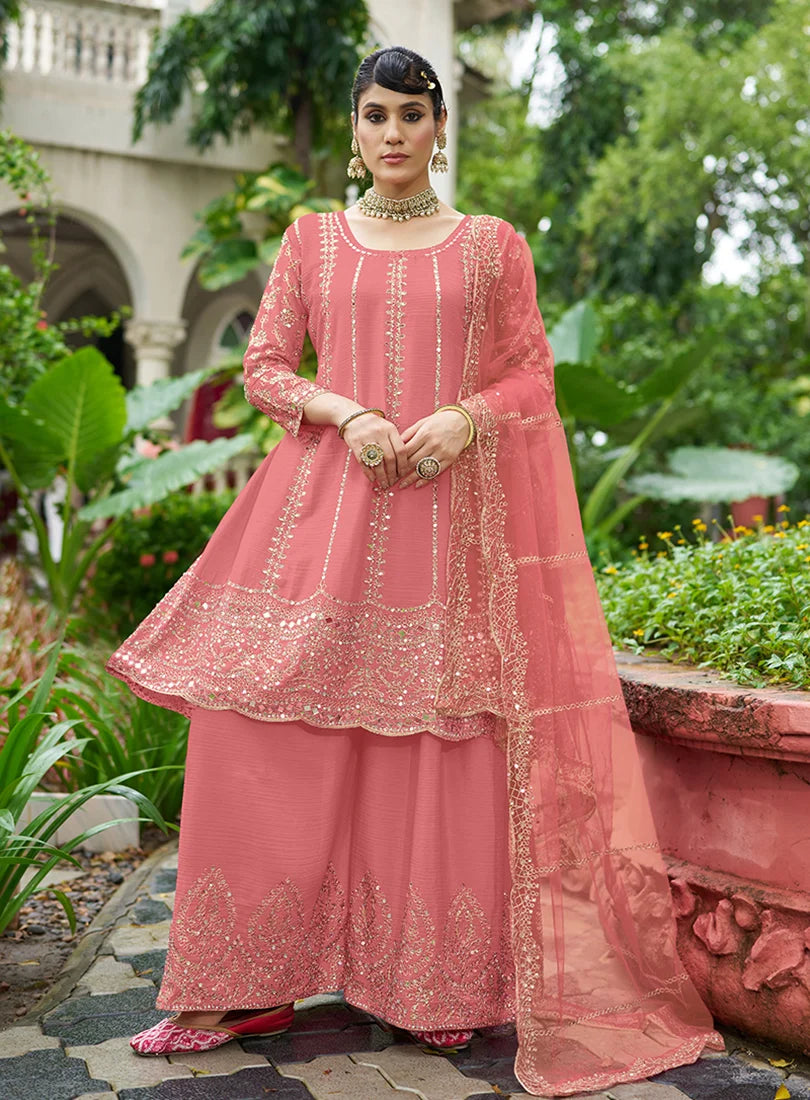 Pink Chinon Anarkali with Palazzo and Mirror Work, styled on model
