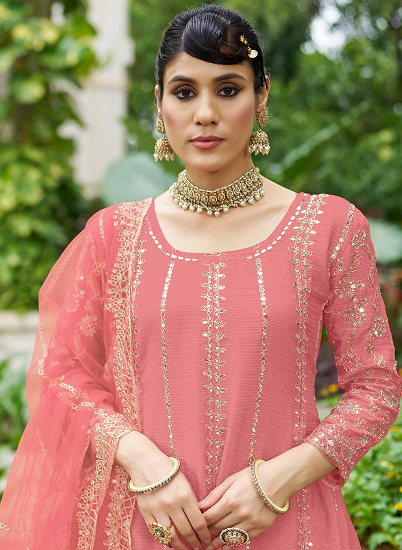 Pink Chinon Anarkali with Palazzo and Mirror Work, neckline close-up
