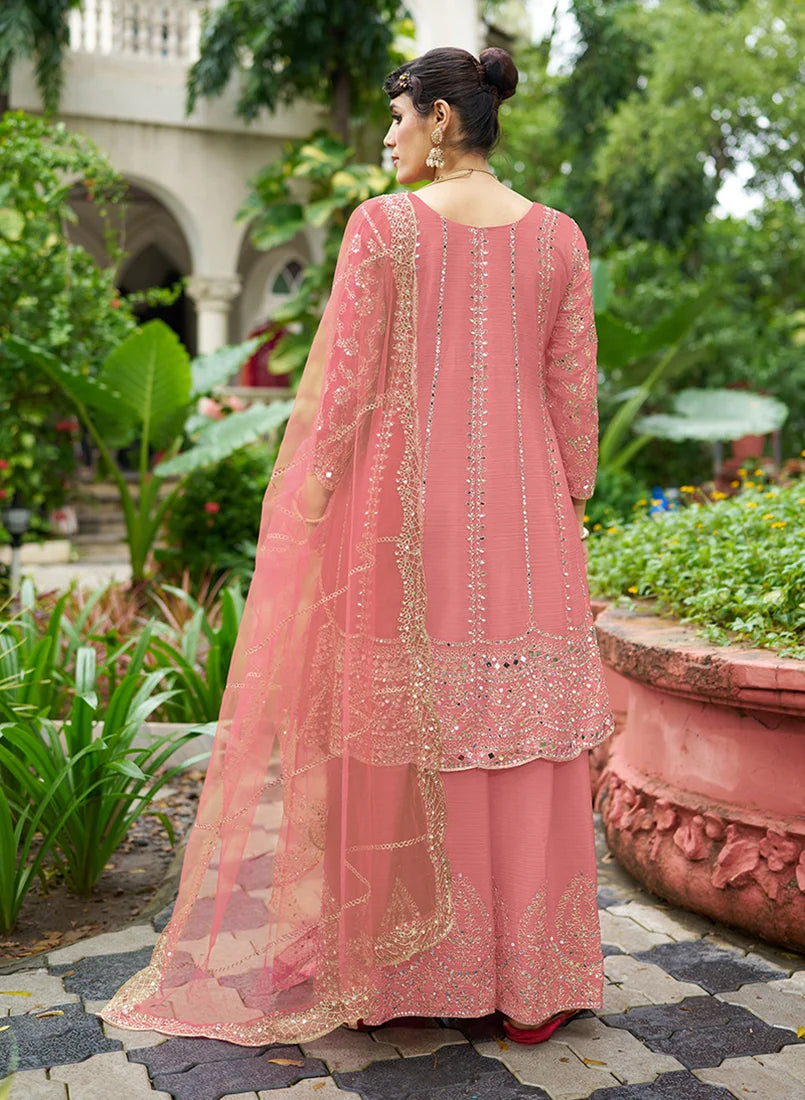 Pink Chinon Anarkali with Palazzo and Mirror Work, back