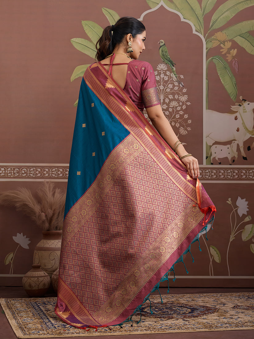 Teal Blue Weaving Work Tussar Silk  Saree