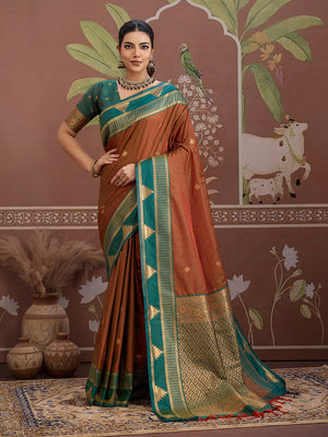 Rust Weaving Work Tussar Silk  Saree