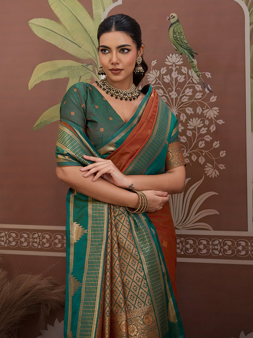 Rust Weaving Work Tussar Silk  Saree