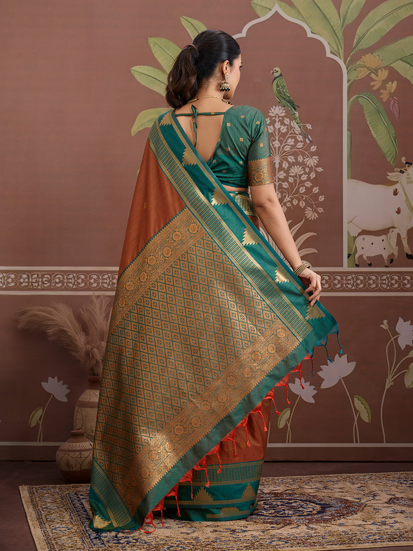 Rust Weaving Work Tussar Silk  Saree