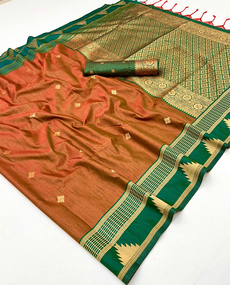 Rust Weaving Work Tussar Silk  Saree