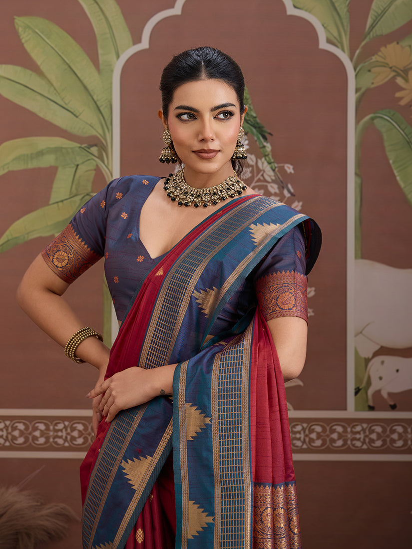 Maroon Weaving Work Tussar Silk  Saree